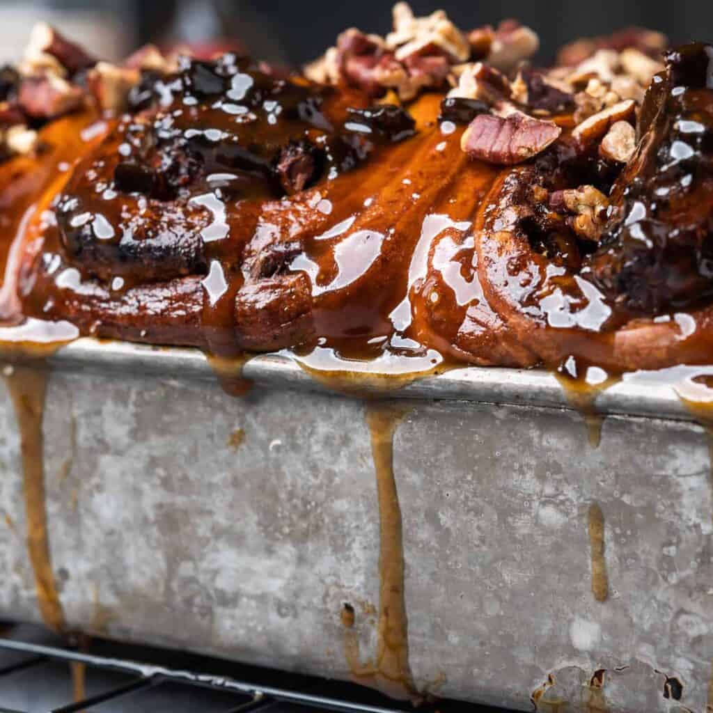 Incredible Pecan Sticky Buns in a metal baking dish