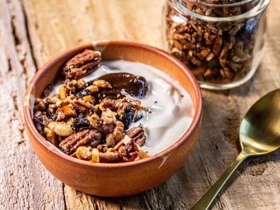 a bowl of grain free granola and yogurt