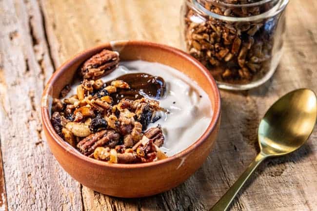 a bowl of grain free granola and yogurt