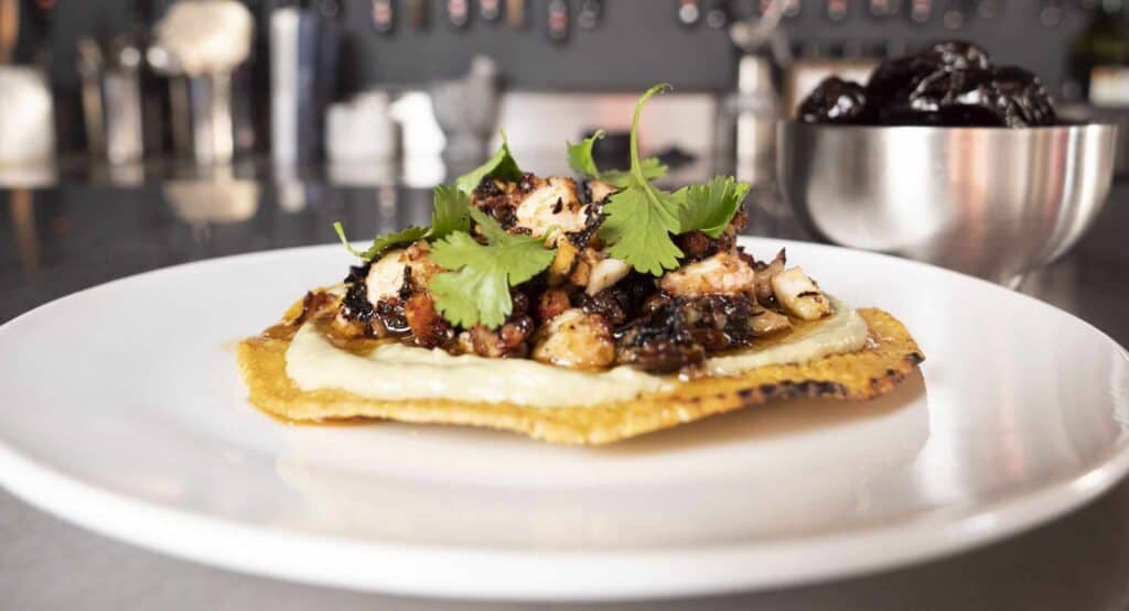 Charred Octopus Tostada on a white plate