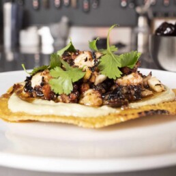 Charred Octopus Tostada on a white plate