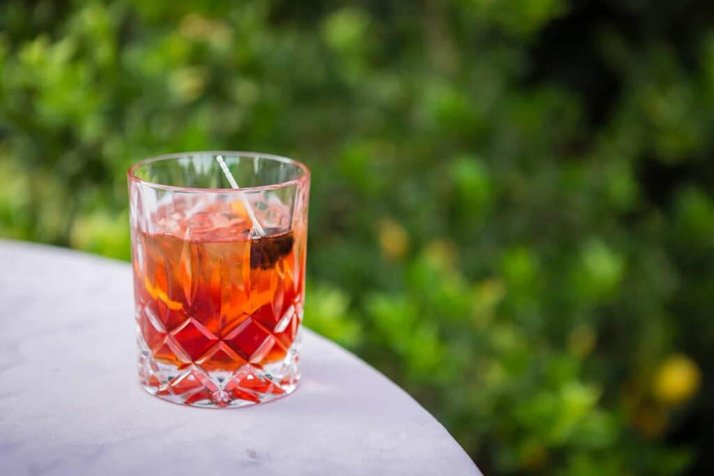 a brightly colored prune negroni cocktail on a table surrounded by greenery