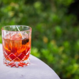 a brightly colored prune negroni cocktail on a table surrounded by greenery
