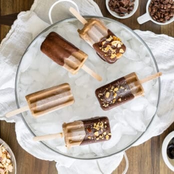 a glass plate with Creamy Caramel Mocha Pops and toppings