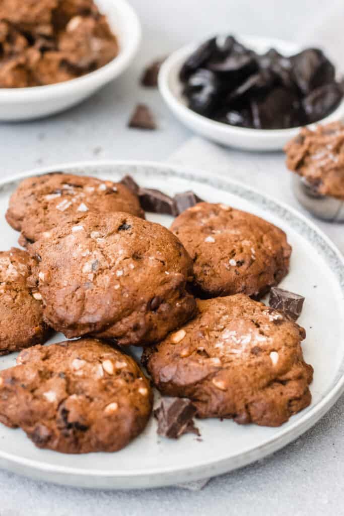 a plate of Peter Sidwell's Salted Double Chocolate Chip Cookies
