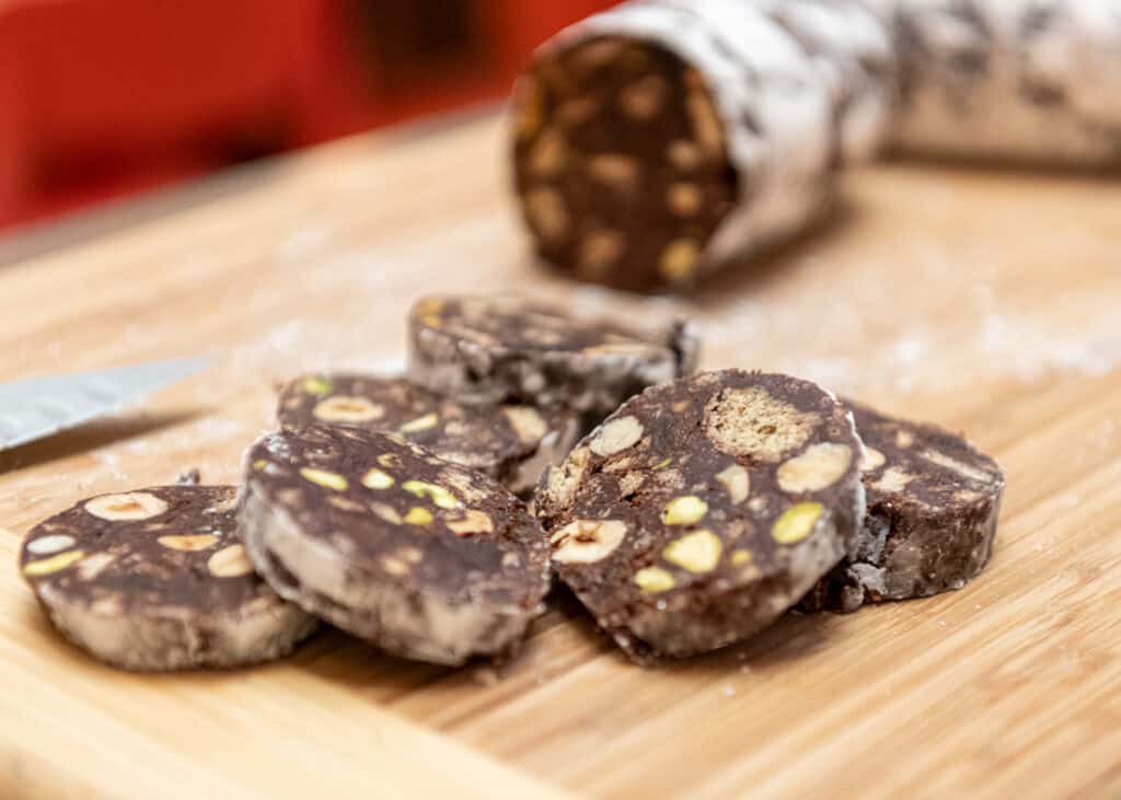 slices of chocolate salami on a cutting board