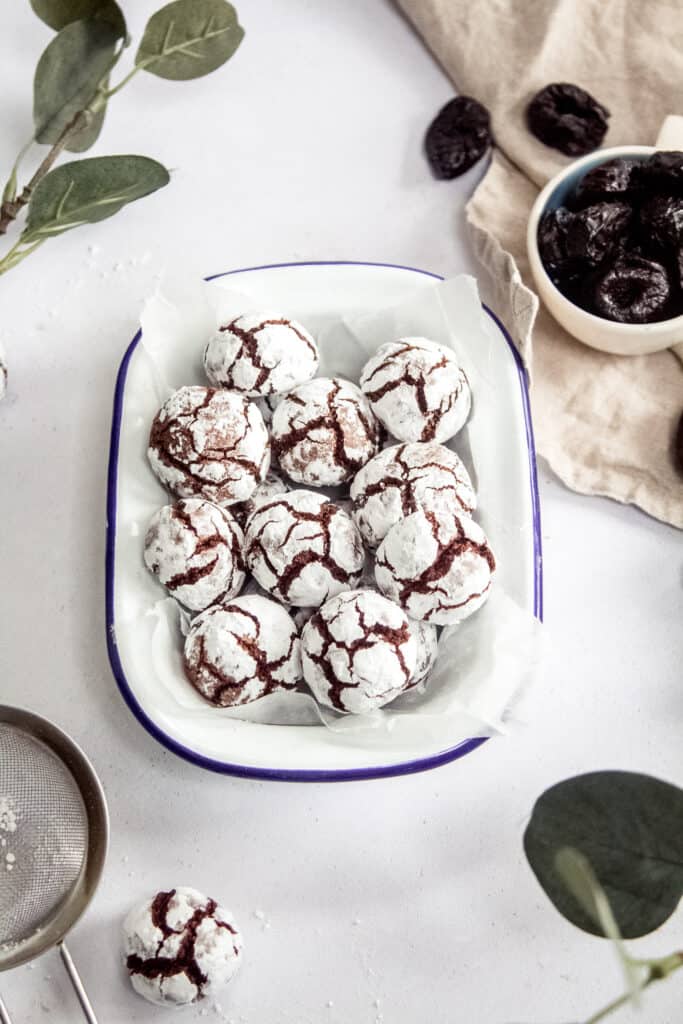 a platter full of Peter sidwell Chocolate and California Prunes Crinkle Cookies