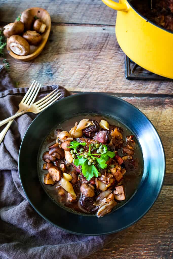 a bowl of Coq au Vin by Chef Peter Sidwell