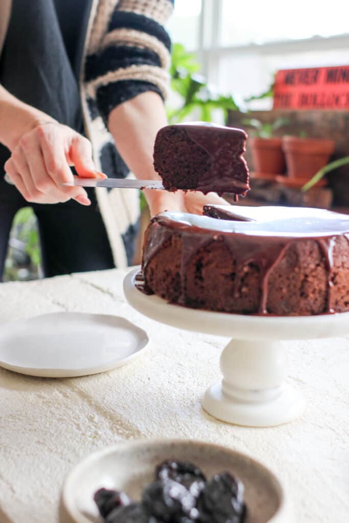 Gluten-free, grain-free chocolate cake with a fudge drizzle