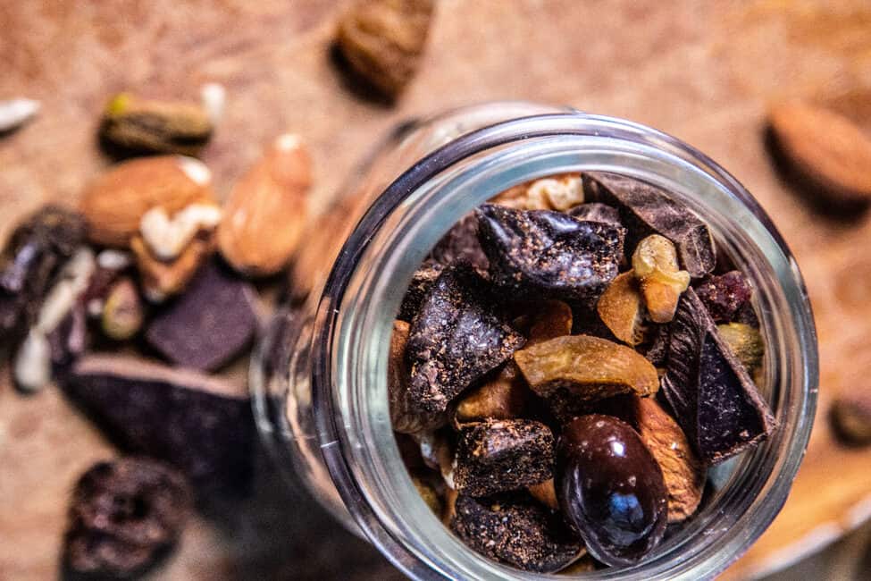 top down view of a jar of heart healthy trail mix