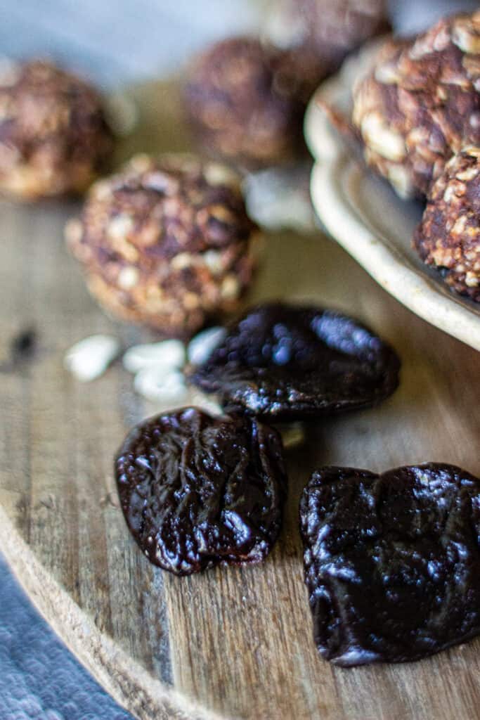 prunes surrounded by Chocolate Energy Balls