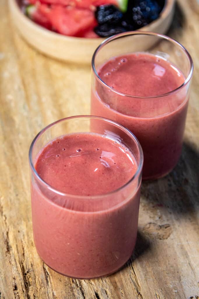 two Pink Power Smoothies - Fitness pairing of watermelon and prunes.