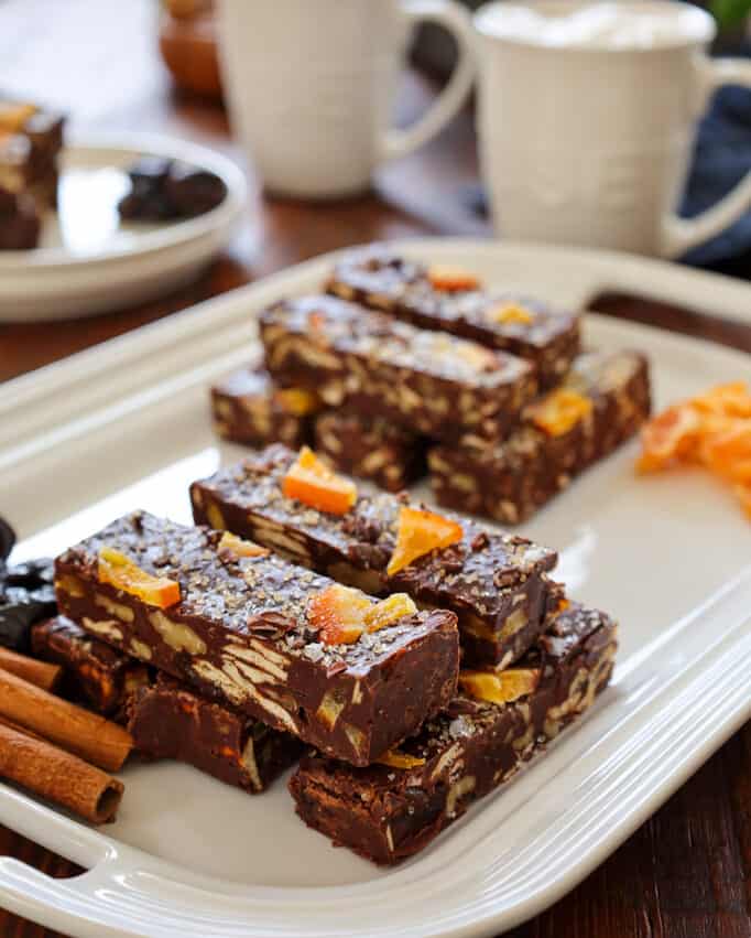 slices of fudge loaded with pretzels, nuts, citrus, prunes and more