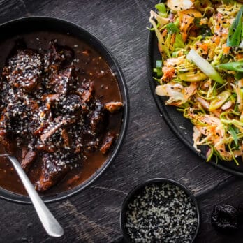 a bowl of Korean-style BBQ Beef and another bowl of Kimchi Slaw by Peter Sidwell