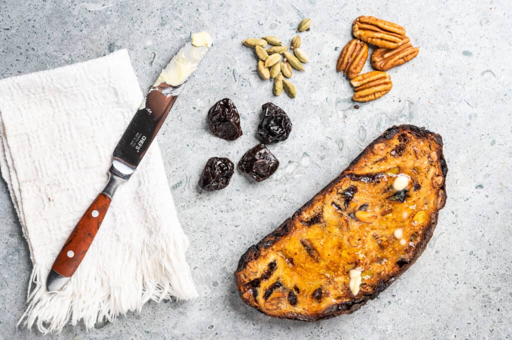 ingredients used to make Prune bread with cardamom and pecans