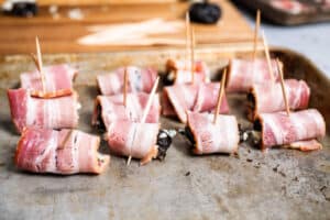 Devils on Horseback - cheese stuffed prunes wrapped in bacon and secured with a toothpick