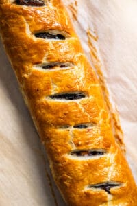 Freshly baked goat cheese strudel before slicing