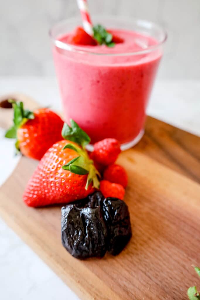 strawberries, prunes and a Super Pink Smoothie 