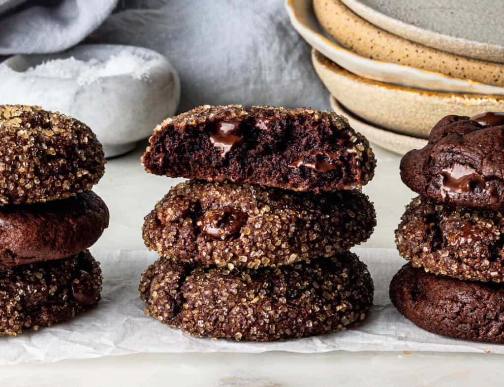 three stacks of Vegan CHocolate Cookies from Displaced Housewife