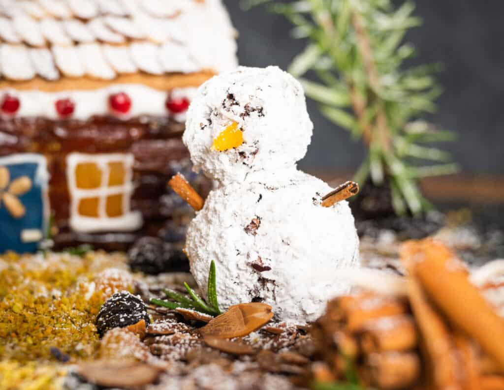 Use dark chocolate bliss balls to make a snowman for your holiday house!