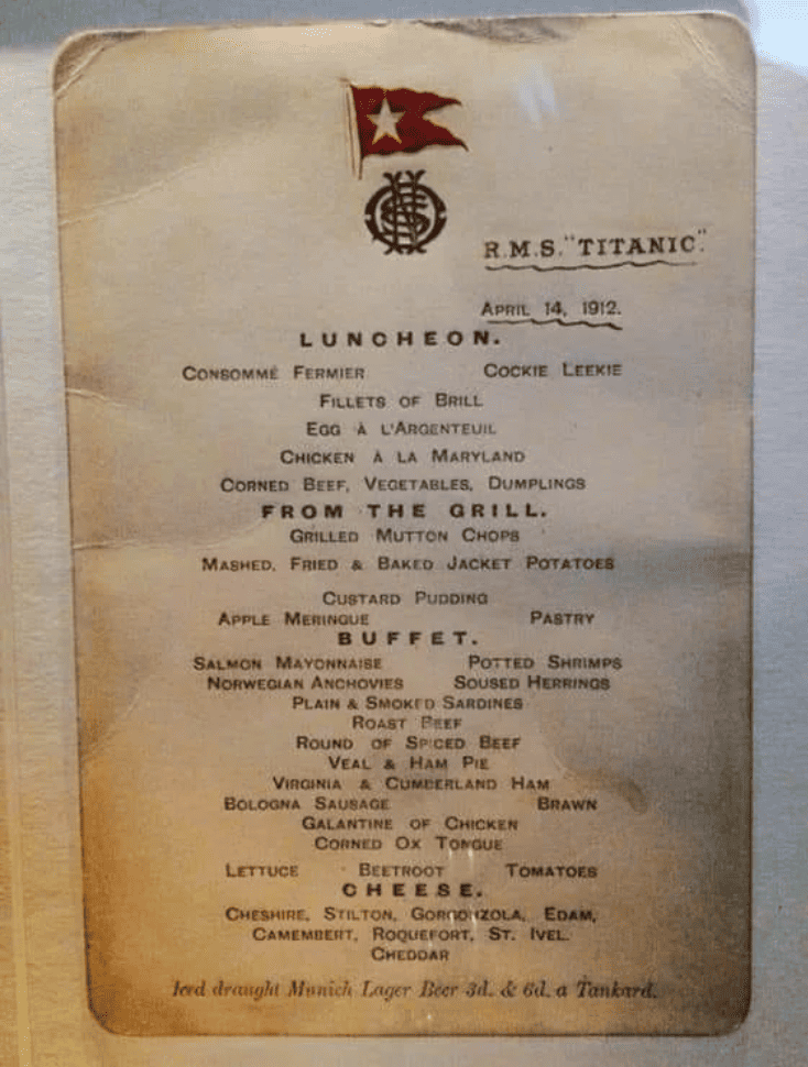 Titanic menu from April 14 showing that guests were served Cock-a-Leekie