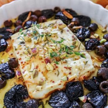 baked feta with olives, prunes and honey