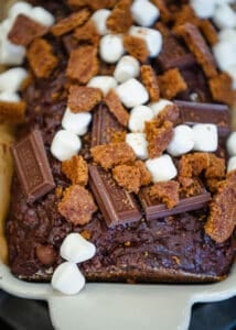 Chocolate Banana Bread topped with graham crackers, marshmallows and chocolate chips