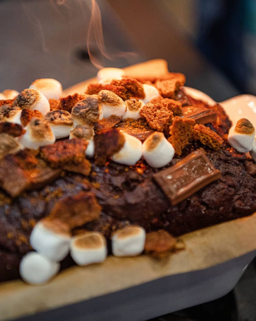 Broiling S'mores Banana Bread with a kitchen torch