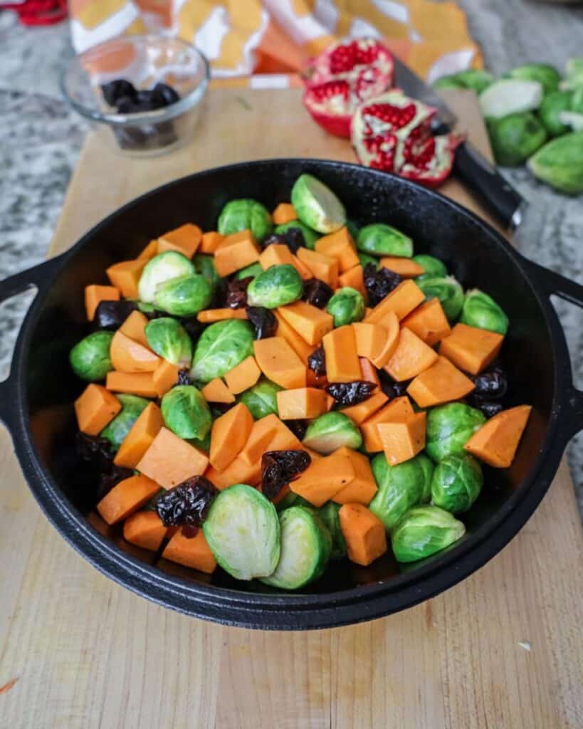 prepared ingredients for roasted brussels and sweet potatoes