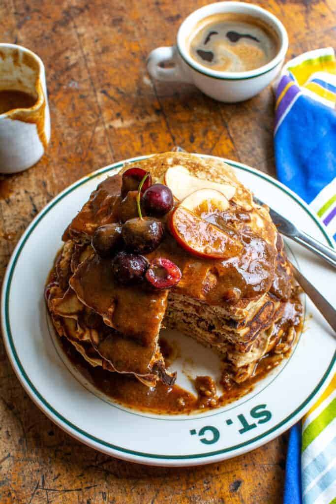 Hola Jalapeno Whole Wheat Banana Protein Pancakes with Spiced Prune Syrup