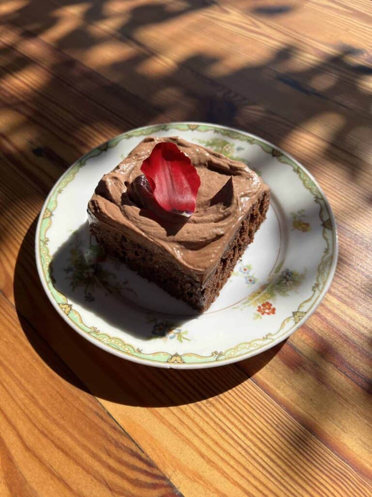 a square of fudgy chocolate sheet cake