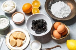 baking ingredients for almond cake with California prunes in the middle