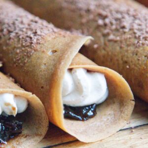 Looking into gluten free chocolate crepes filled with coffee soaked prunes and whipped ricotta.