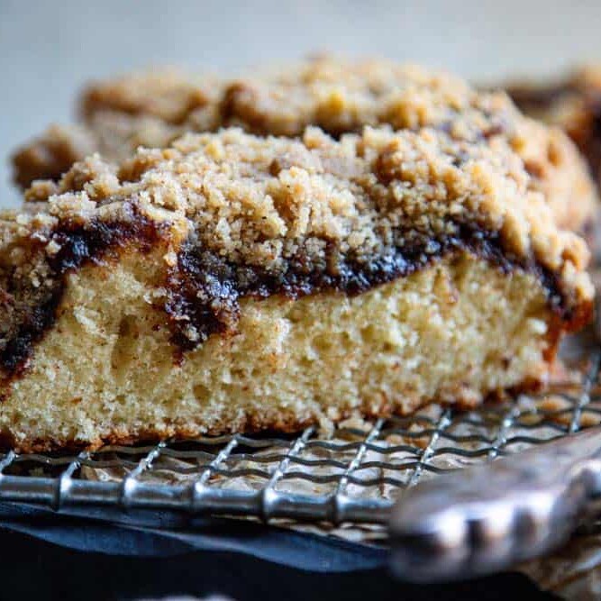 A side view of a slice of Cinnamon Swirl Cake