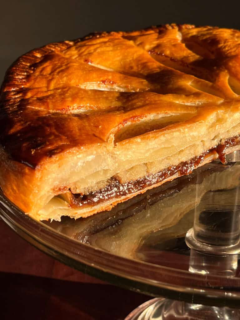 overhead shot of a galette des rois sliced open