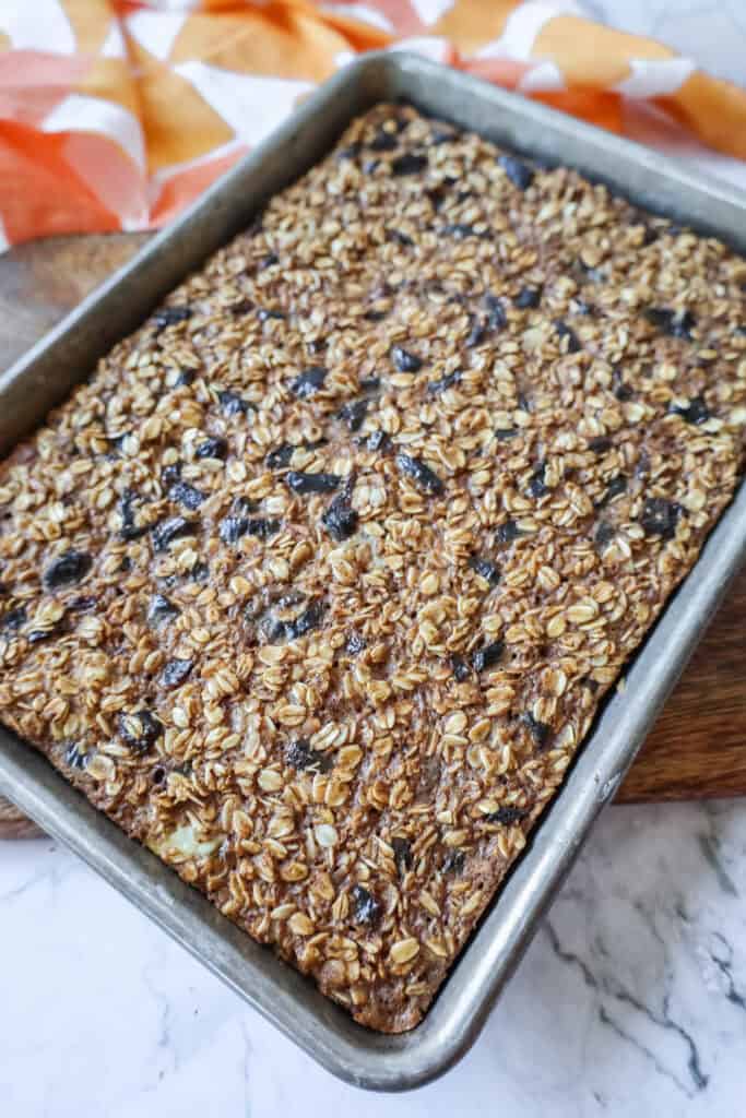 sheet pan baked oatmeal in a silver quarter sheet pan