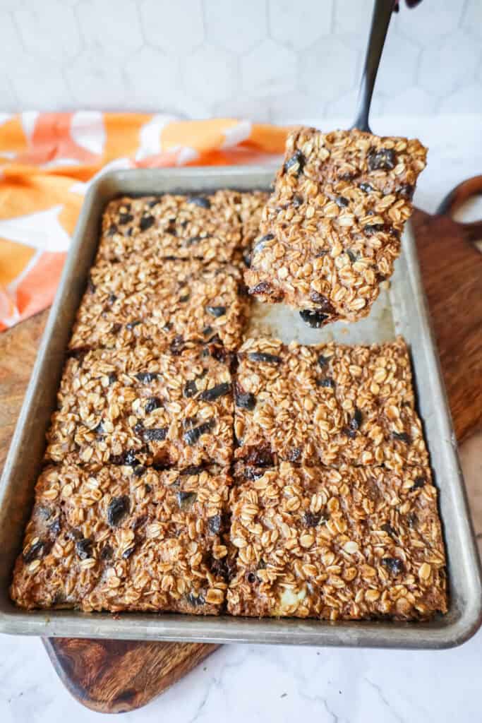 sheet pan baked oatmeal in a silver quarter sheet pan