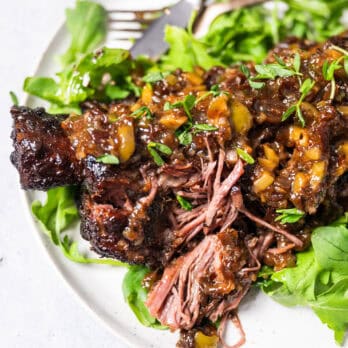 shredded beef rib garnished with greens on a white plate