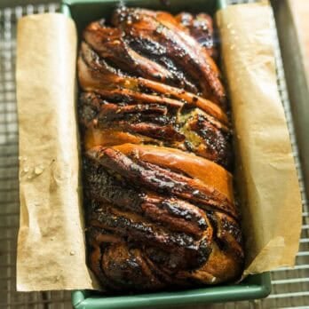 baked babka in a loaf pan