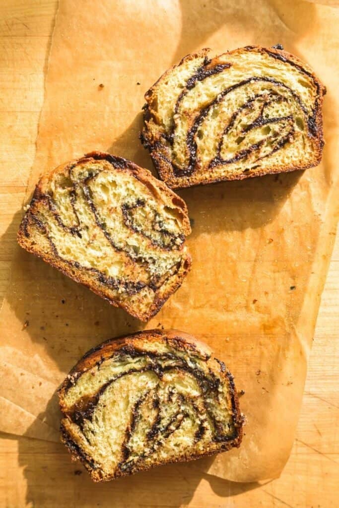 slices of babka on a sheet of unbleached parchment paper