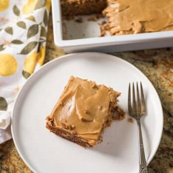 prune spice cake on a white plate