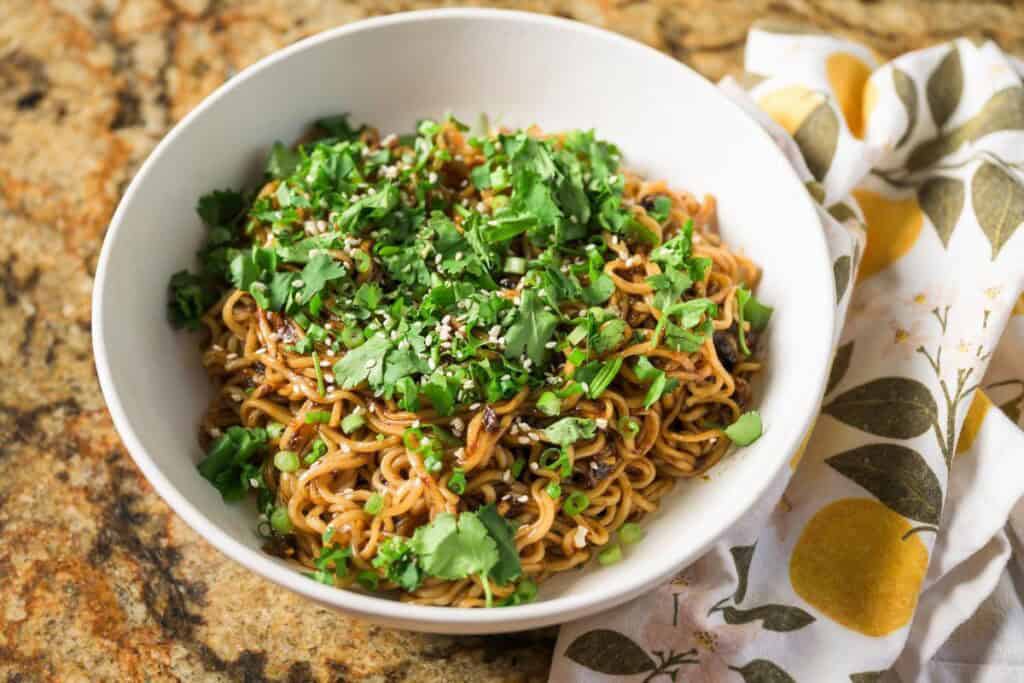 soy sauce ramen noodles in a white bowl