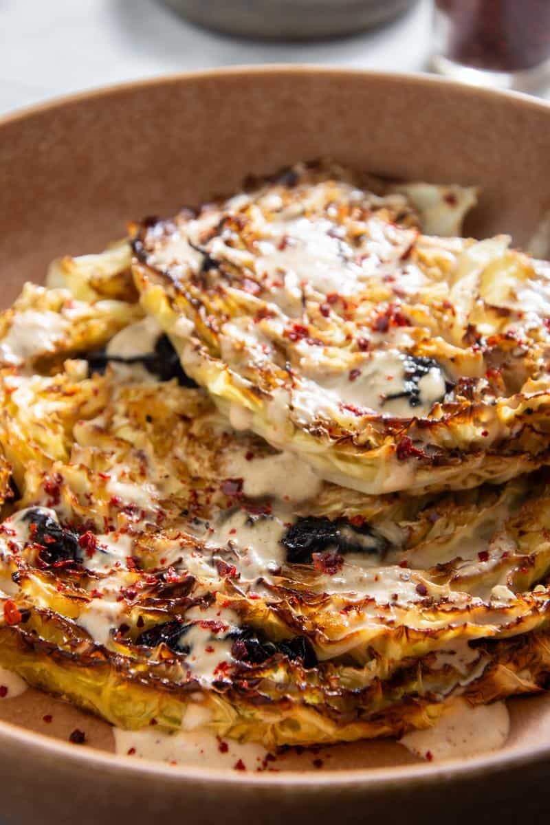Oven Roasted Cabbage with Prunes, Shallots, Lemon and Cream