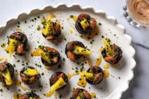 cheddar almond bites on a white scalloped platter