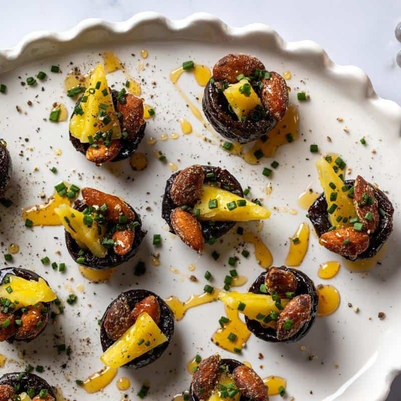 cheddar almond bites on a white scalloped platter