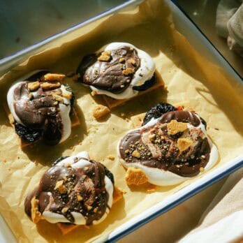smashed prune s'mores on a sheet pan