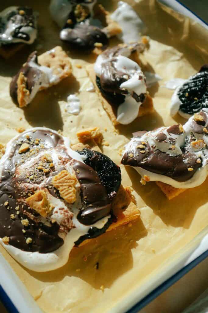 smashed prune s'mores on a sheet pan
