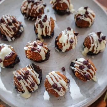 pumpkin spice cookie dough bites arranged on a white plate