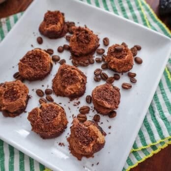 tiramisu snack bites on a square white plate