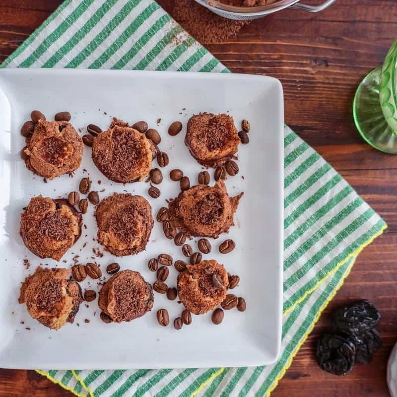 tiramisu snack bites on a square white plate
